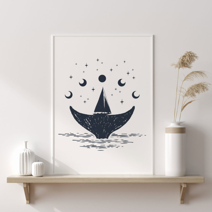 En la lámina decorativa fases de la luna se puede ver la imagen de un barco sobre la cola de una ballena y la luna en distintas fases.