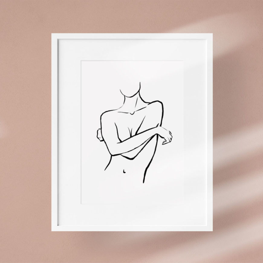 En la lámina female body no 2 se puede ver la figura de una mujer desnuda de frente tapando sus pechos con sus brazos