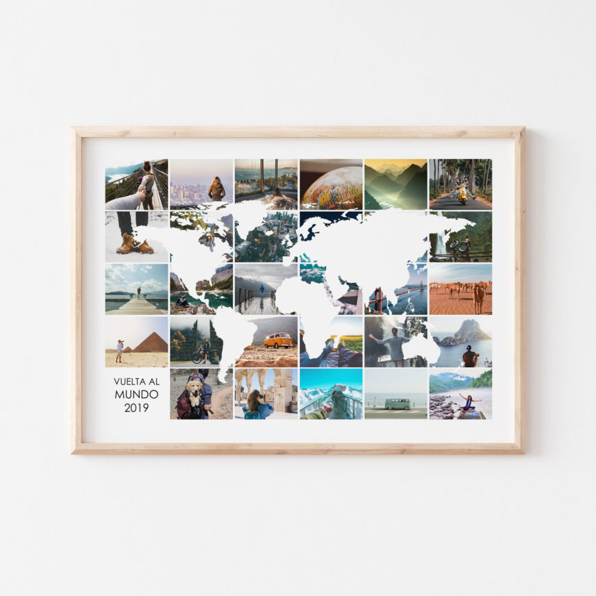 La lámina travel photo collage ii está personalizada con fotos en el fondo y una silueta blanca de un mapa mundi
