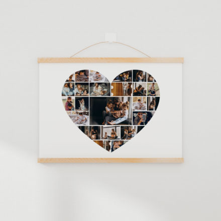 la lámina photo collage II está personalizada con 24 fotos y la silueta de un corazón