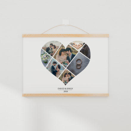la lámina photo collage v está personalizada con 8 fotos y la silueta de un corazón