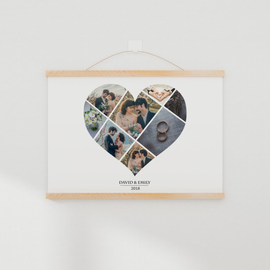la lámina photo collage v está personalizada con 8 fotos y la silueta de un corazón