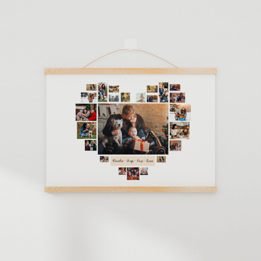 la lámina photo collage está personalizada con 45 fotos y la silueta de un corazón