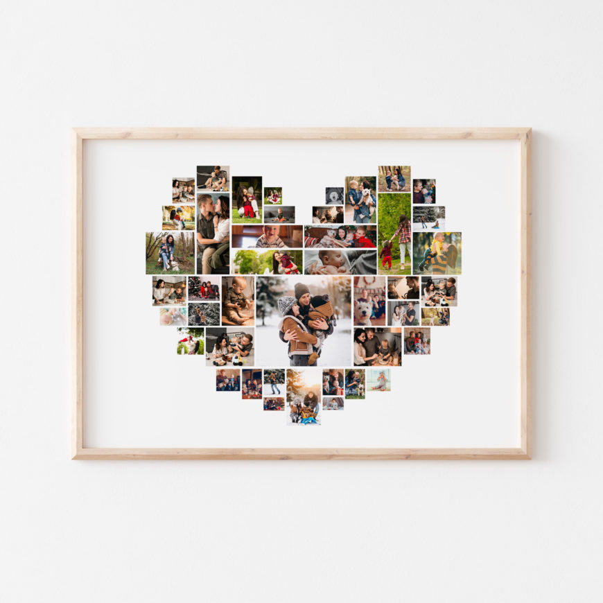 la lámina photo collage II está personalizada con 45 fotos y la silueta de un corazón