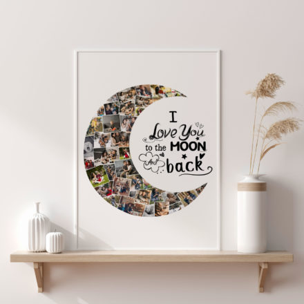 la lámina esta personalizada con la silueta de una luna y vuestras mejores fotos así como la frase i love you to the moon and back