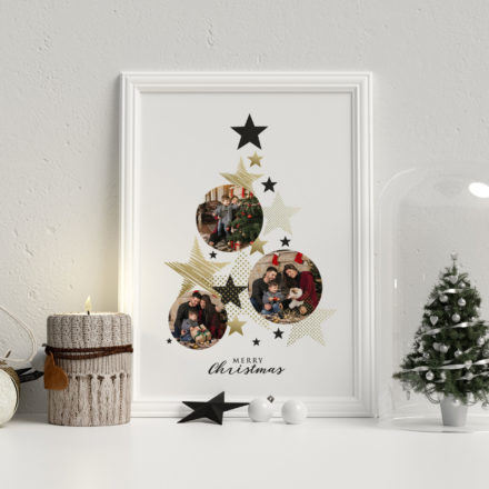 Lámina con forma de árbol navideño personalizada con fotos y la frase merry christmas