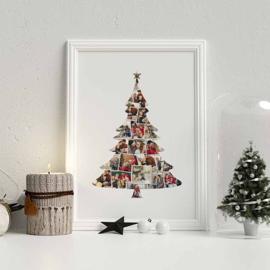 Lámina con forma de árbol de navidad personalizada con fotos y la frase merry christmas
