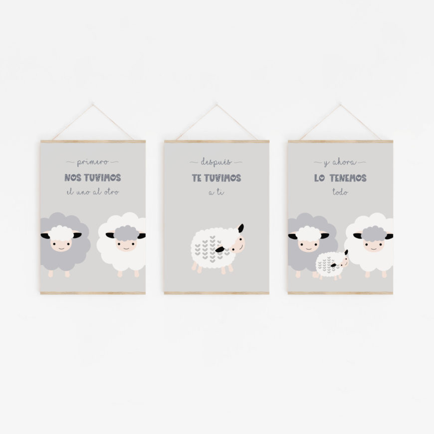 pack de 3 láminas en tonos grises de una familia de ovejitas