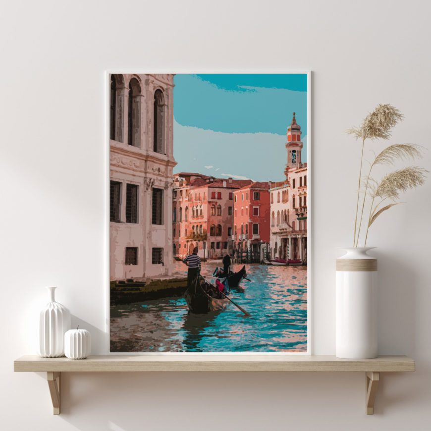 lámina en la que se ve a un gondolero llevando una góndola por el canal de Venecia