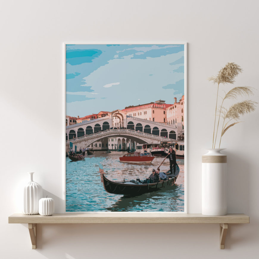 lámina inspirada en la famosa ciudad de venecia. En ella se puede ver una góndola en primer plano recorriendo el canal de Venecia.