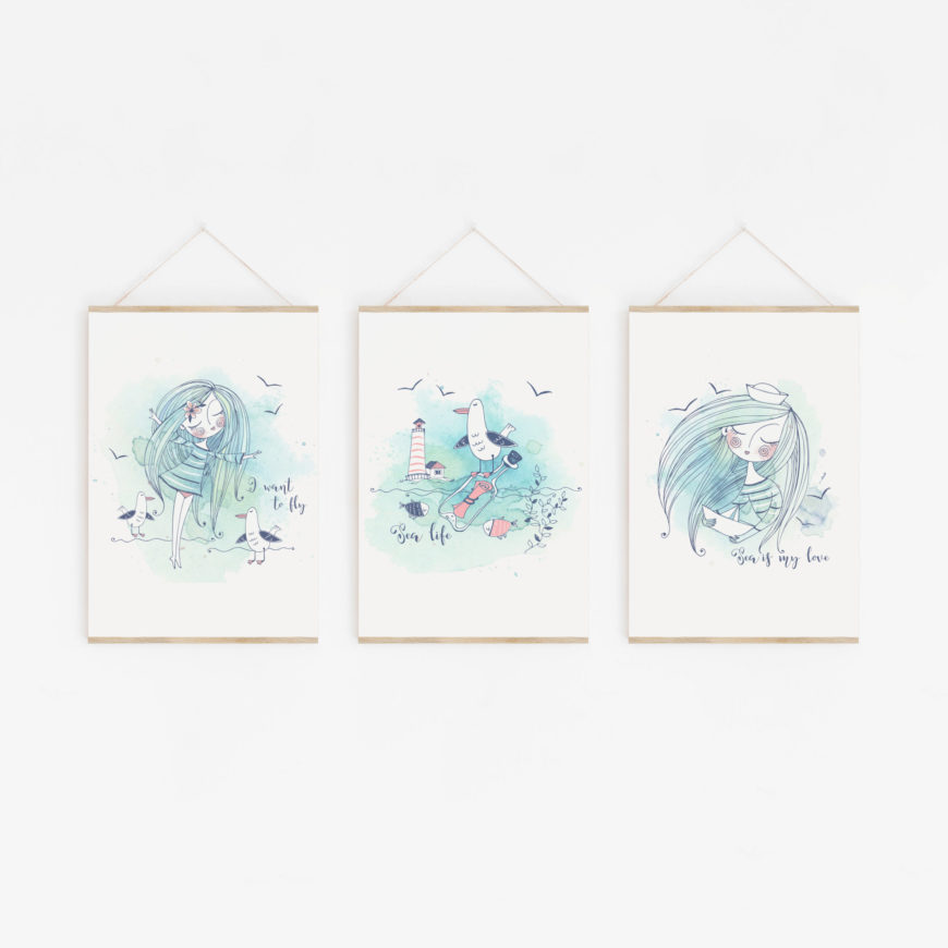 pack compuesto por 3 láminas inspiradas en la vida marina