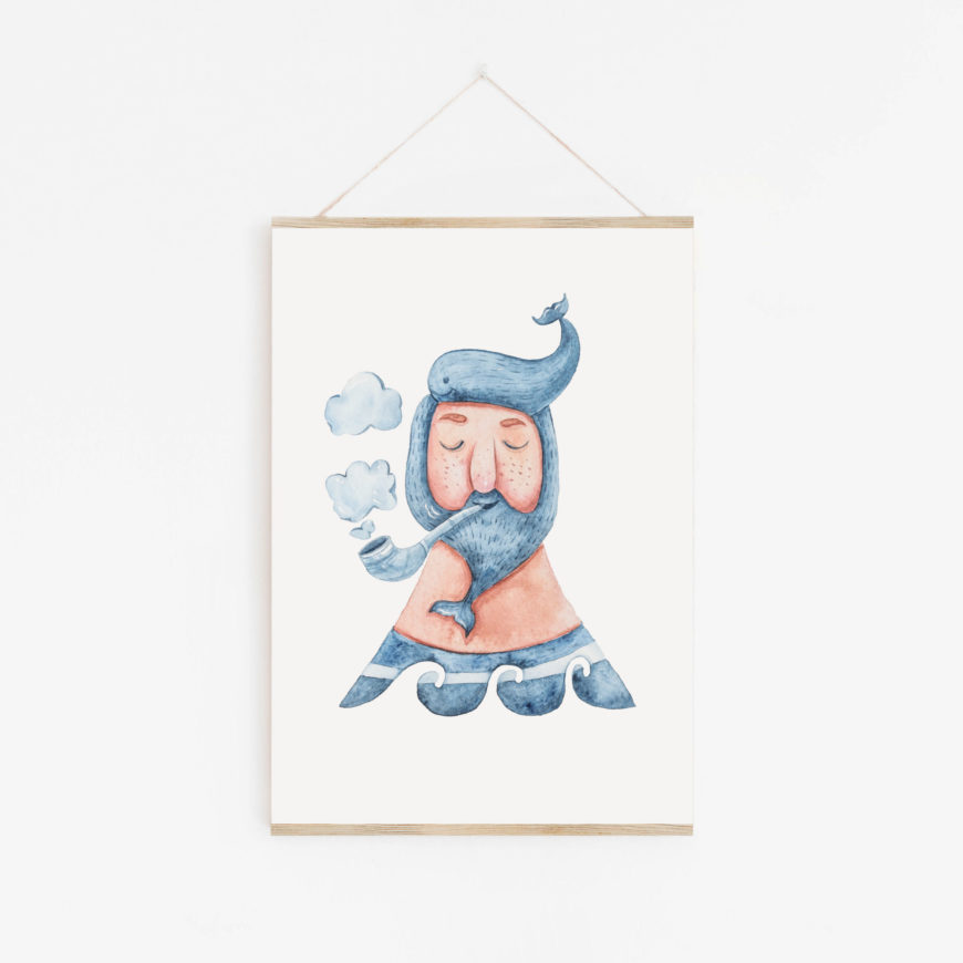 lámina realizada en acuarela de un marinero con camisa de rayas azules. El marinero tiene tupé y barba con forma de ballena y está fumando una pipa.