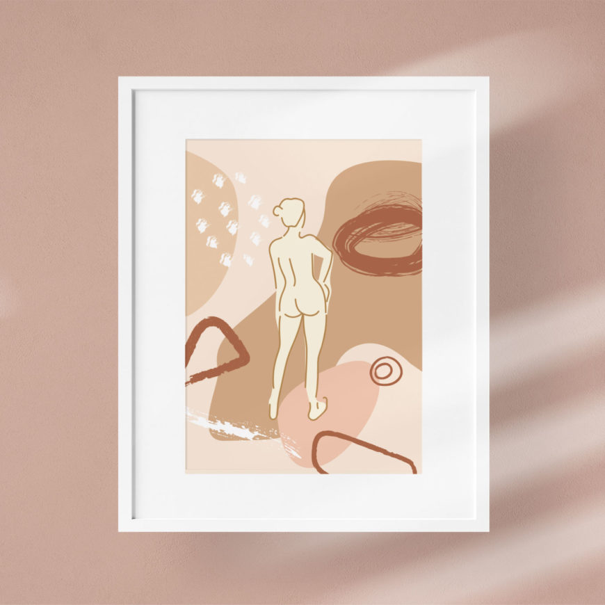 Lámina de la serie femmes en la que se puede ver a una mujer desnuda de espaldas con el pelo recogido sobre un fondo abstracto