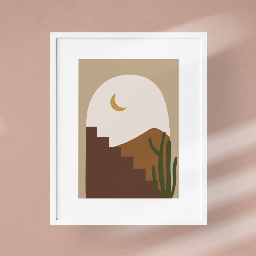 lámina perteneciente a la serie desert geometric. En ella se puede ver a través de una ventana la luna en cuarto menguante, una montaña y un cactus