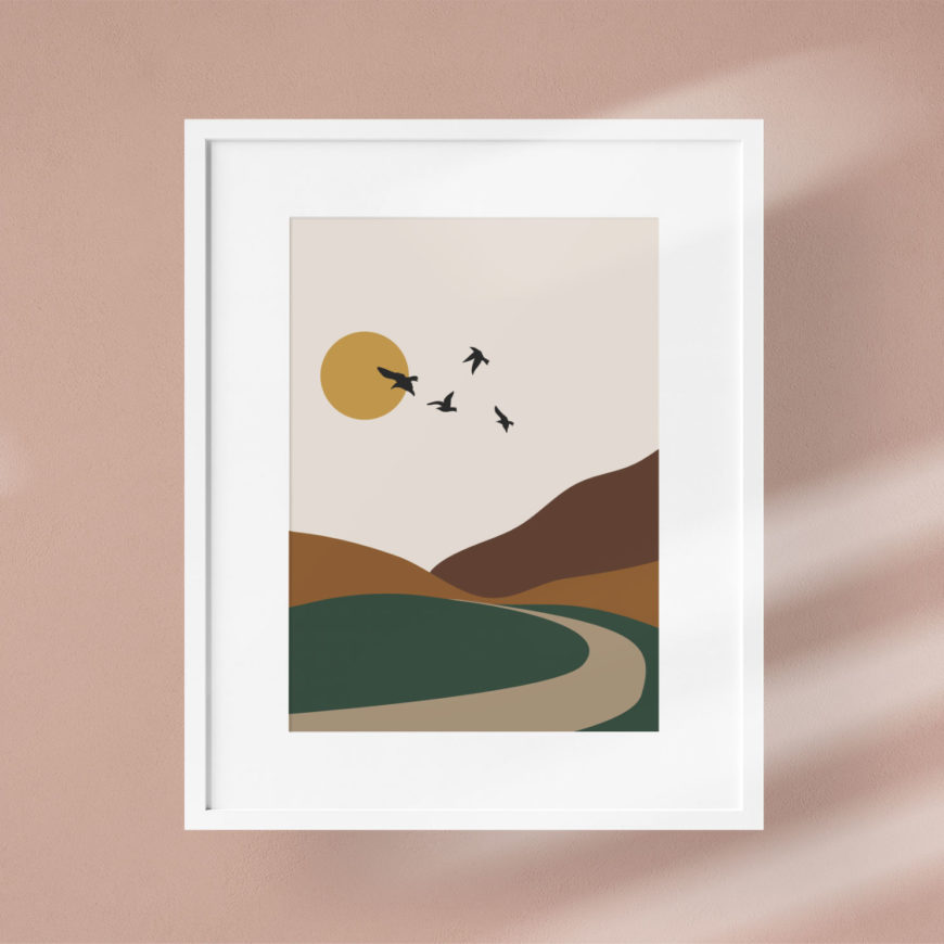 lámina de la serie geometric desert en la que se puede ver un paisaje abstracto del desierto, una luna llena y cuatro pajaritos volando
