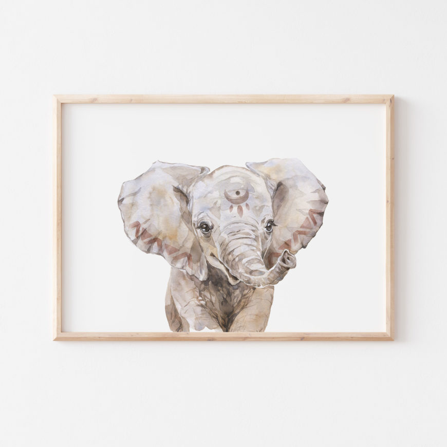 Lámina hecha en acuarela inspirada en un bonito elefante africano