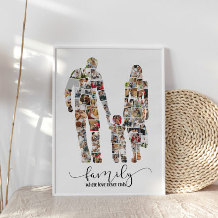Lámina compuesta por la silueta de una familia formada por mamá, papá y un peque en el medio personalizada con fotos.