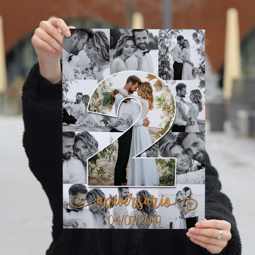 La lámina aniversario photo collage está personalizada con 13 fotos y vuestra fecha de aniversario de novios, aniversario de boda, ¡la que quieras!
