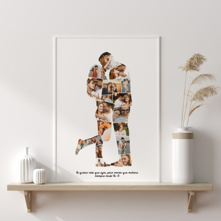 En la lámina beso photo collage se puede ver la silueta de un chico y una chica besándose personalizada con fotos. Es un regalo original para tu pareja.