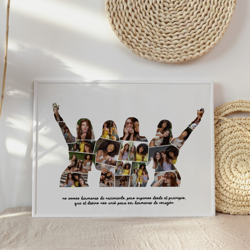 La lámina personalizada 4 amigas está compuesta por la silueta de 4 chicas y fotos de los mejores momentos que habéis vivido juntas