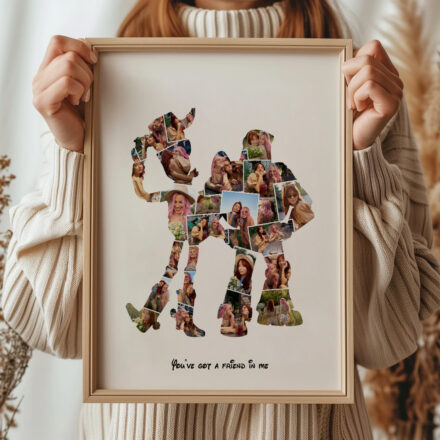 Foto collage personalizado inspirado en la película Toy Story, con los personajes Buzz Lightyear y Woody. Lámina titulada 'Juguetes' que reúne fotos especiales en un diseño creativo y nostálgico, ideal para fans de Toy Story y recuerdos familiares