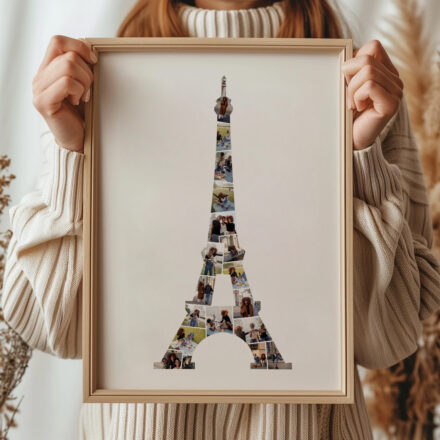 En la lámina se puede ver la silueta de la torre eiffel personalizada con fotos. Es el regalo perfecto como recuerdo de un viaje a París.