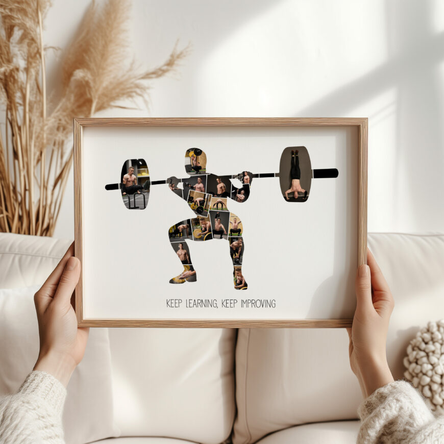 en la lámina powerlifter 2 se puede ver la silueta de un chico haciendo sentadilla con una barra sobre sus hombros. Está personalizada con fotos de sus entrenamientos, competiciones etc