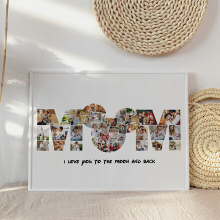 Lámina mom photo collage es una lámina personalizada con fotos, ideal para regalar a mamá. La O de la palabra mom está hecha con la forma de las orejas de mickey.