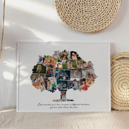 En la lámina se puede ver la silueta de un árbol personalizado con fotos familiares. Es un regalo perfecto para familias.