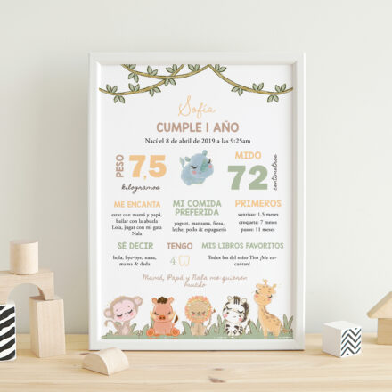 lámina de cumpleaños personalizada para niños. Decoración para cumpleaños animales de la selva.