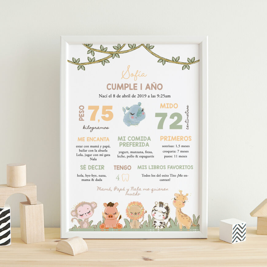 lámina de cumpleaños personalizada para niños. Decoración para cumpleaños animales de la selva.