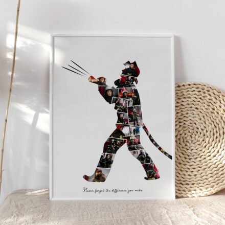 En la lámina se puede ver la silueta de un bombero personalizada con fotos. Es el regalo perfecto para bomberos en su graduación, jubilación, cumpleaños...