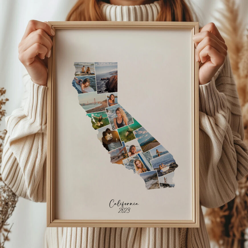 En la lámina se puede ver la silueta de California personalizada con fotos