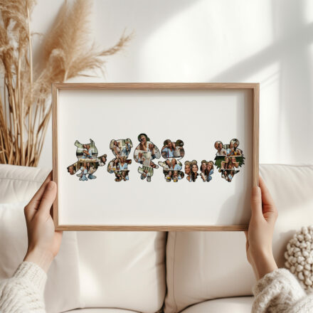 En la lámina se pueden ver los personajes principales de animal crossing como tom nook, totakeke, Canela... personalizados con fotos